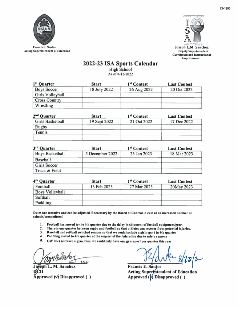 Image of the sports calendar for SY 2022-2023