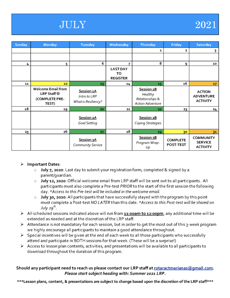 LRP Summer 2021 Calendar